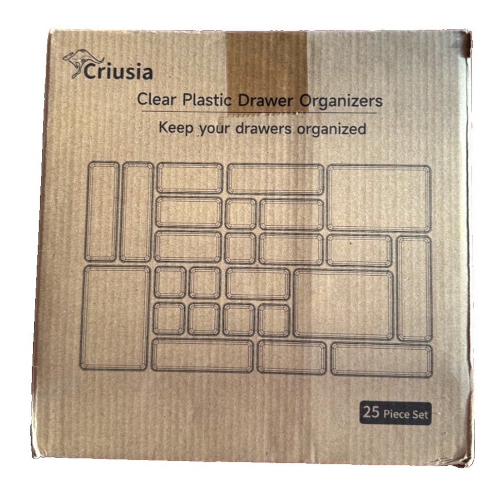 Criusia 25-Piece Clear Plastic Drawer Organizer Set Non-Slip Divider Trays